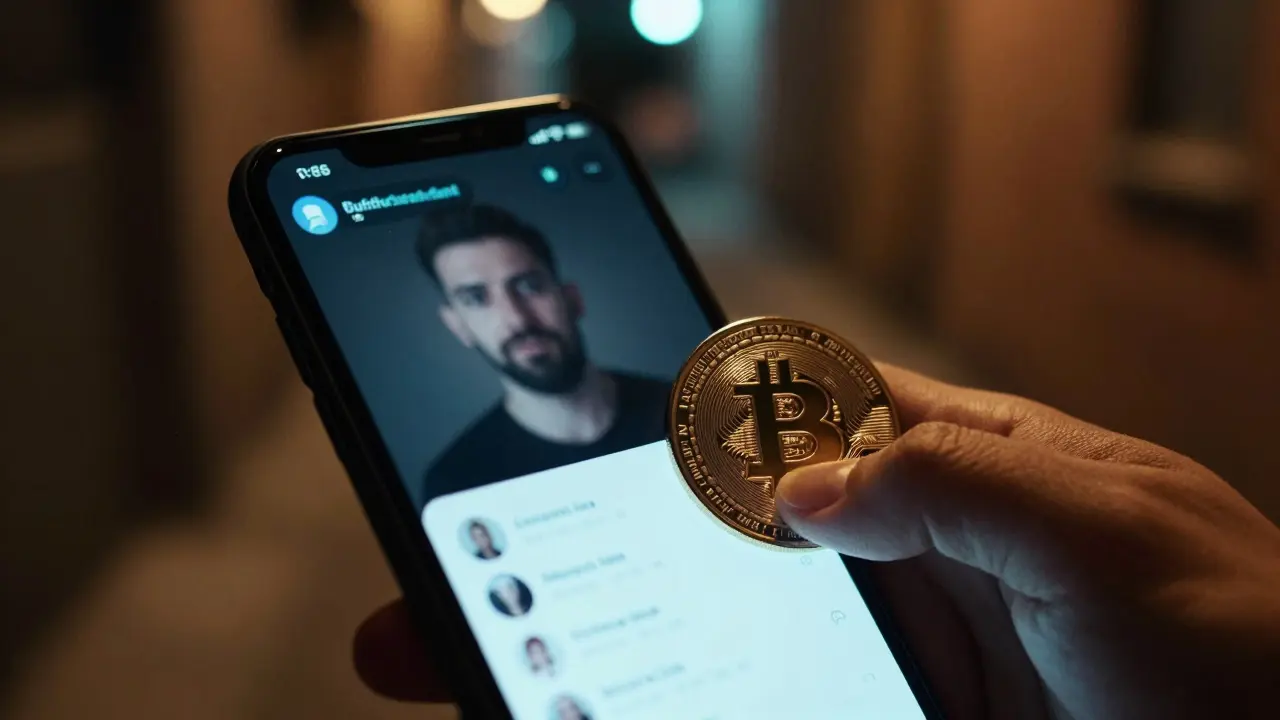 Smartphone screen with blurred profile, cryptocurrency payment in dark alley.