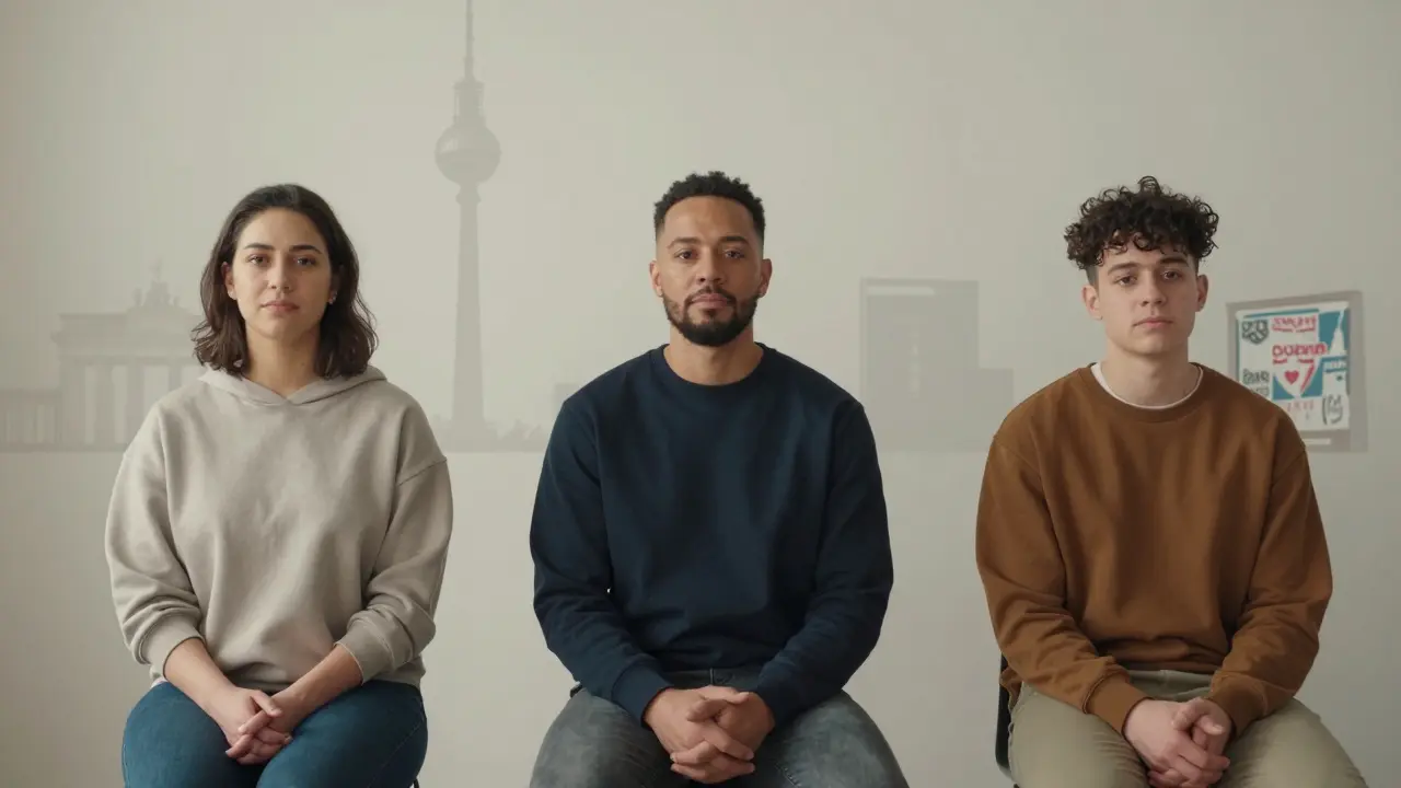 Three diverse individuals seated alone in a softly lit room, representing Berlin's varied escort community.