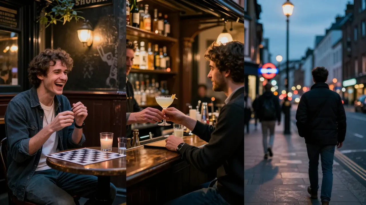 Three scenes of solo nightlife in London: pub quiz, cocktail bar, and night walk home under streetlights.