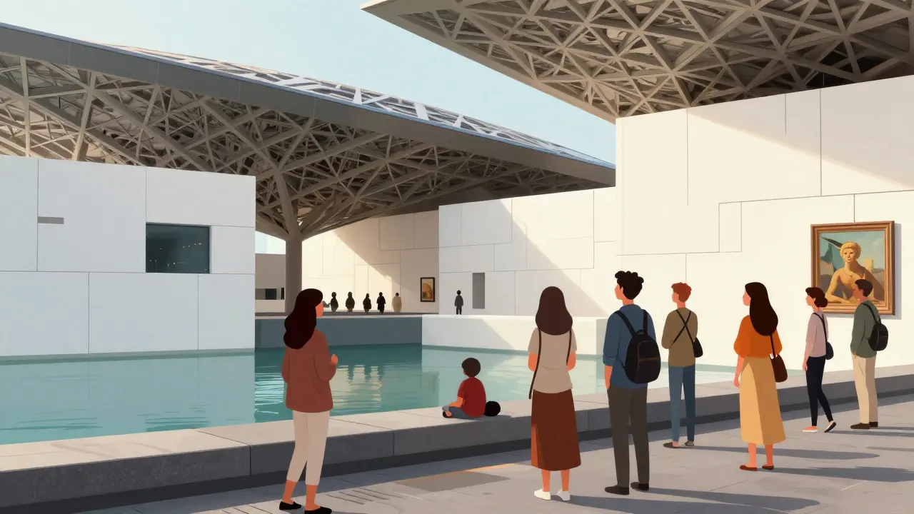 Tourists viewing art exhibits at Louvre Abu Dhabi
