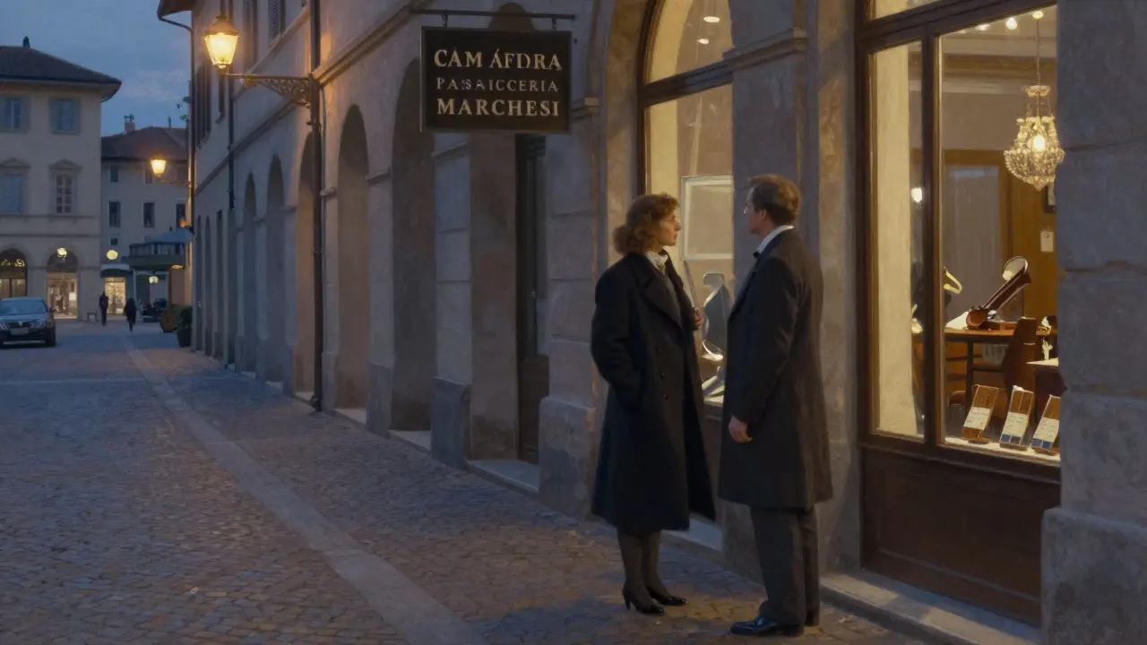 Two elegantly dressed people lingering outside a historic Milanese café at twilight.