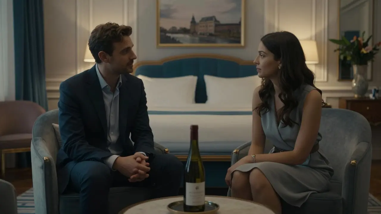 Two individuals have a quiet, respectful conversation in a luxurious Paris hotel room.