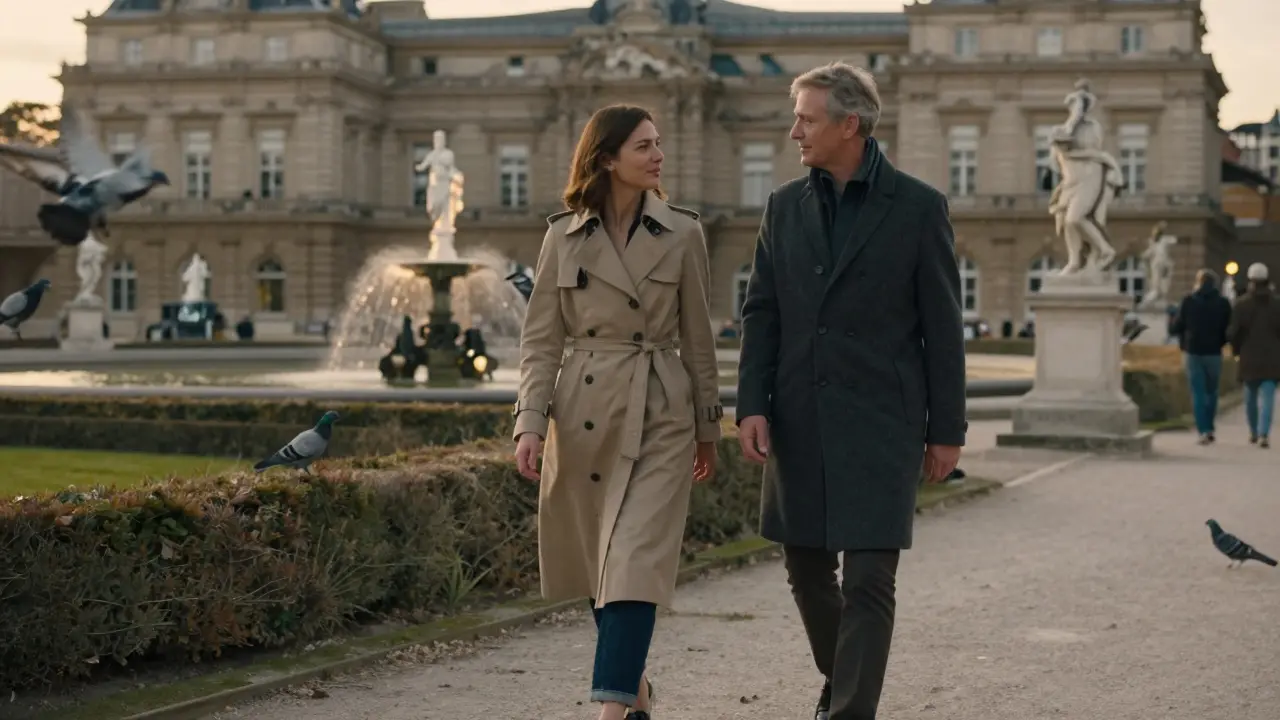 Two individuals walking peacefully side by side through Luxembourg Gardens at golden hour.