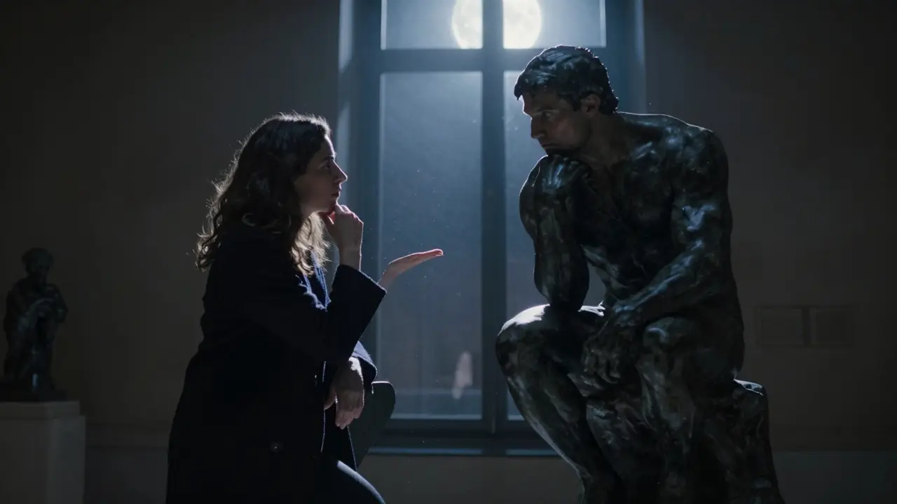 Two people standing quietly before The Thinker in the Musée Rodin, lit by moonlight.