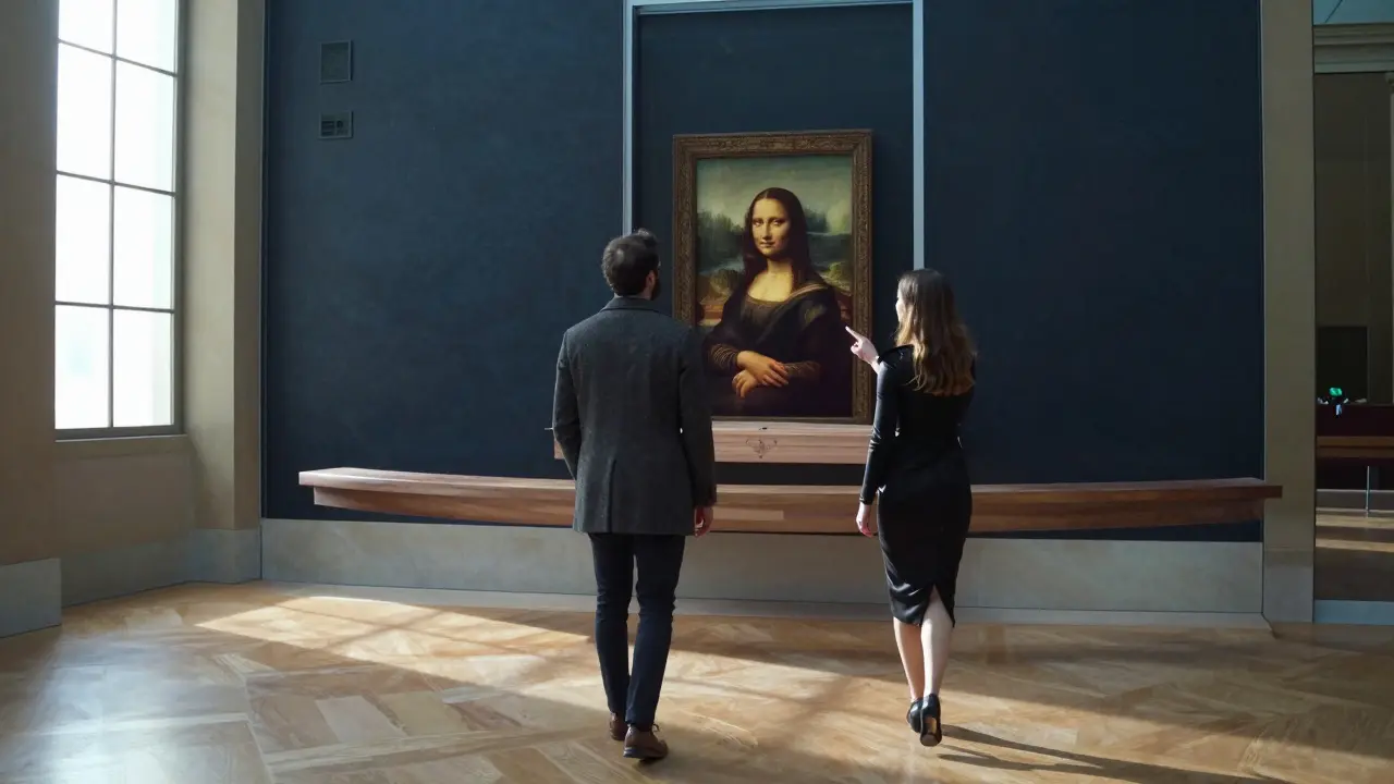 Two people view the Mona Lisa in an empty Louvre gallery at dawn, sunlight streaming through windows.