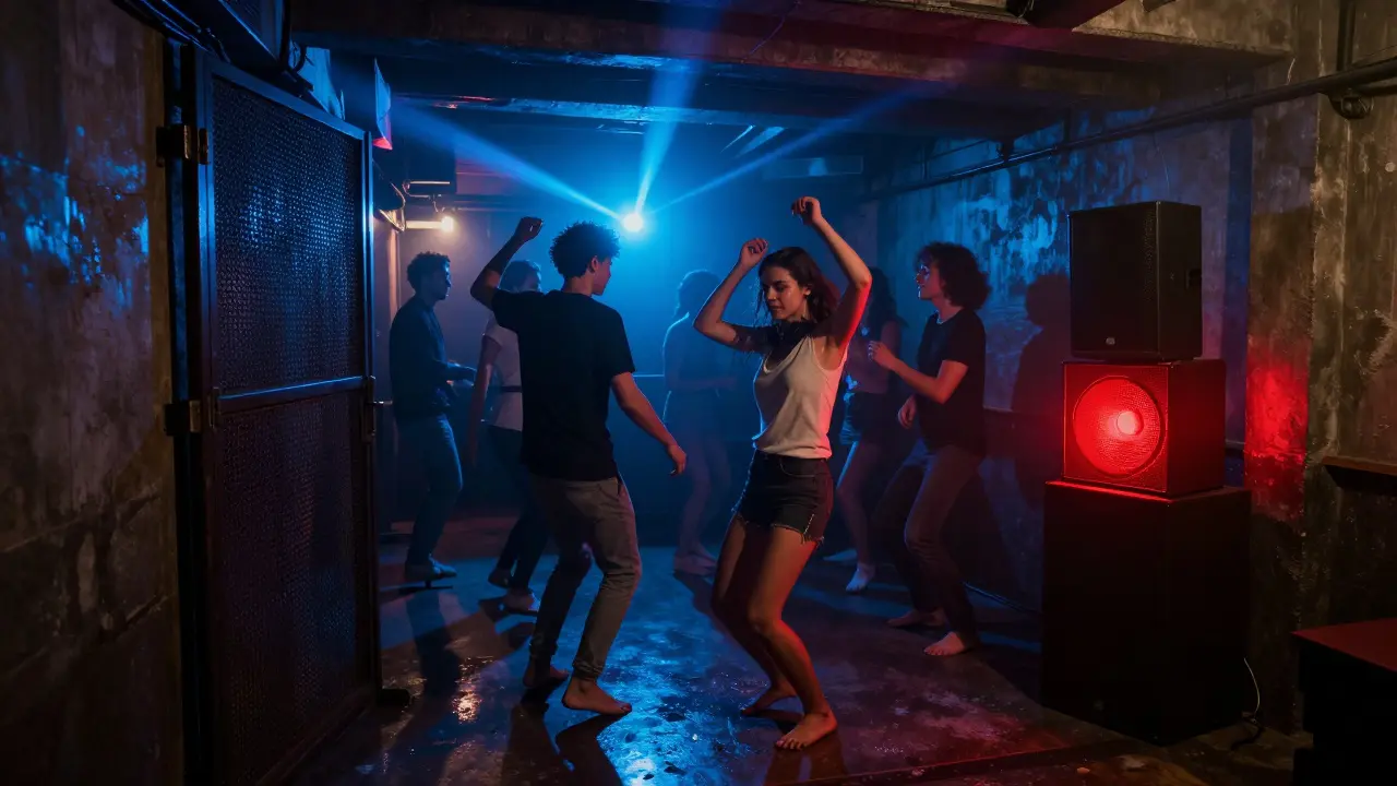 Underground club basement with pulsing lights and dancers on a wet floor, no signs or branding visible.