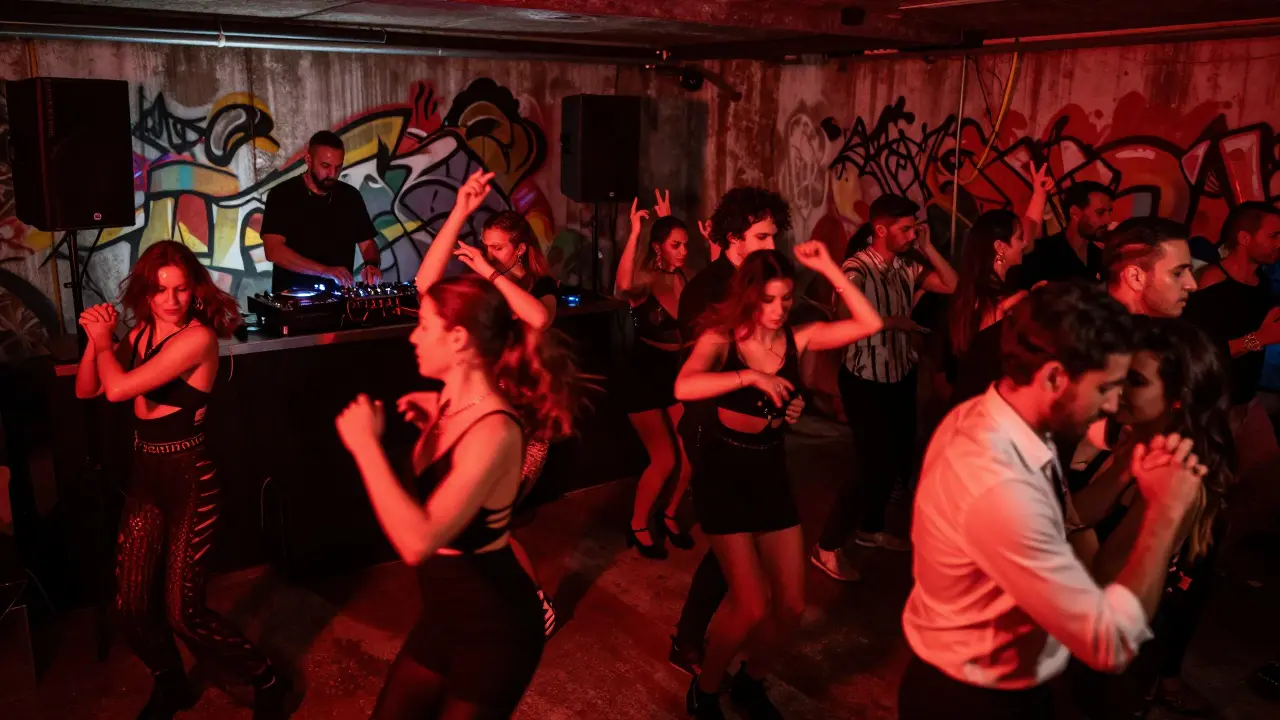Underground club scene with energetic dancers and a DJ under red lighting in La Scala Club.