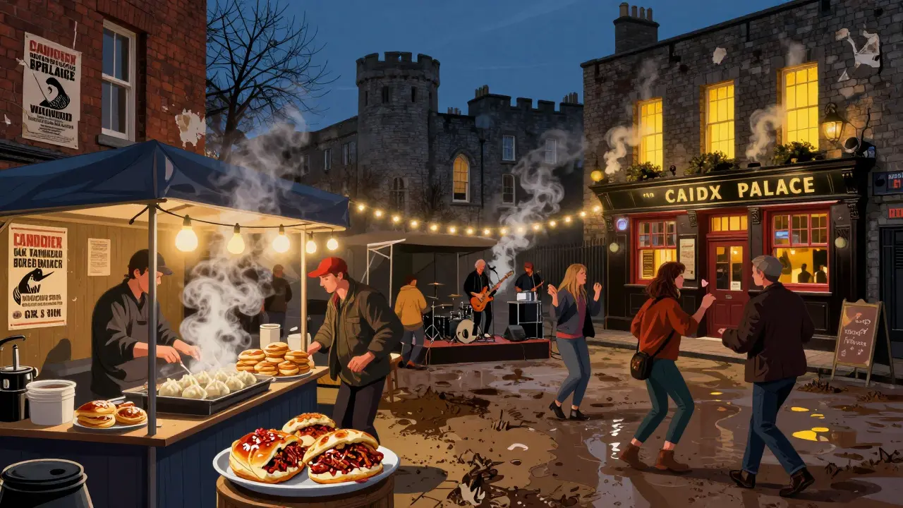 Vibrant Camden food stalls and live rock band under string lights at 2 a.m.