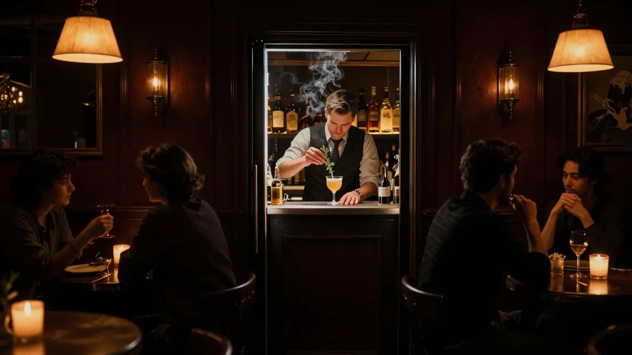 A bartender mixing a smoky cocktail in a hidden speakeasy with warm ambient lighting.