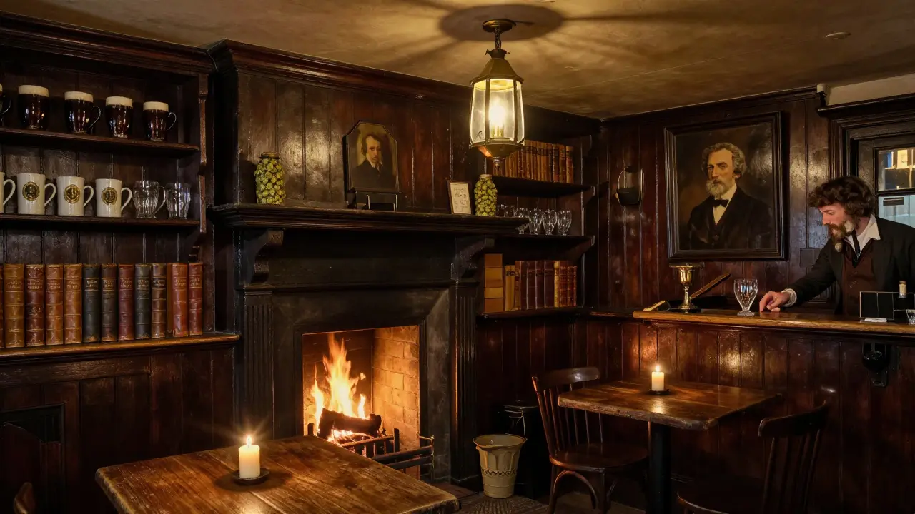A cozy 17th-century pub with wooden panels, candlelit tables, and no modern devices, just ale and history.