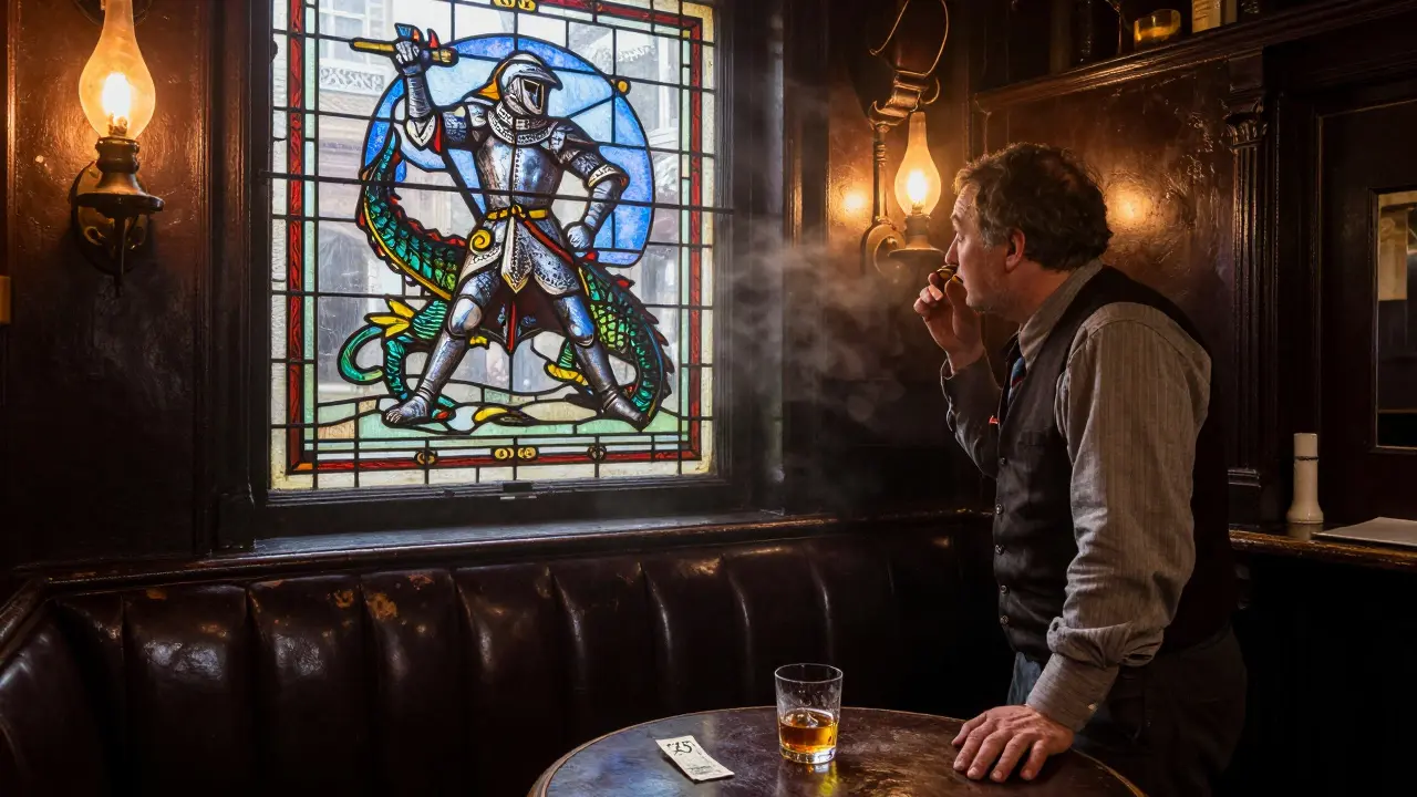 A dimly lit historic pub backroom with stained-glass dragon window and a £5 note left on a worn booth.
