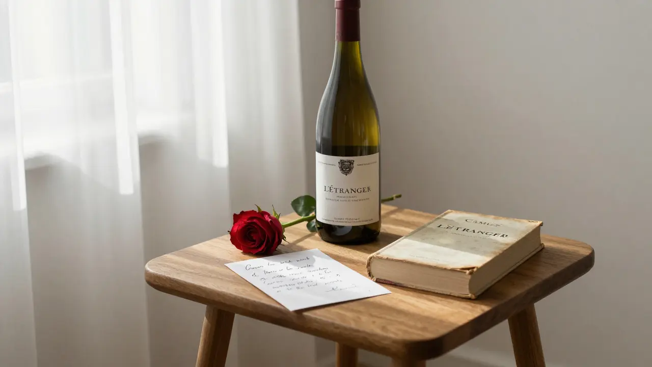 A handwritten note, wine bottle, and book on a sunlit table in a Parisian apartment.