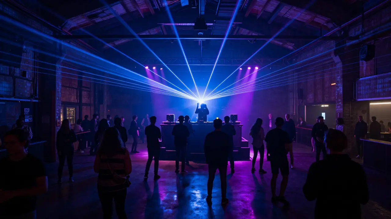A high-energy techno club inside a converted warehouse with lasers and dancers under flashing lights.