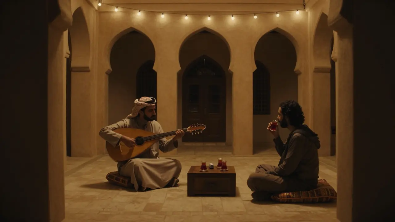 A lone oud player performs in a dimly lit courtyard, two guests listen quietly over tea under string lights.