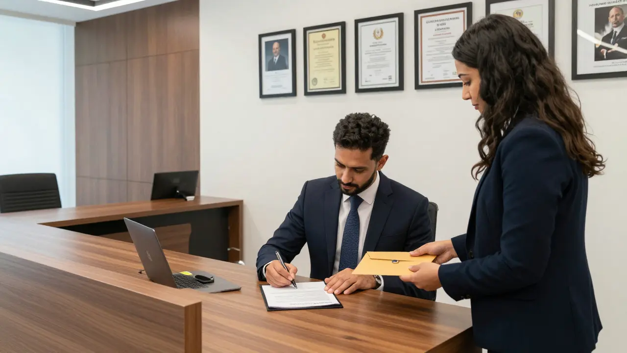 A man signs a contract in a professional Dubai escort agency office, surrounded by credentials and formal documentation.