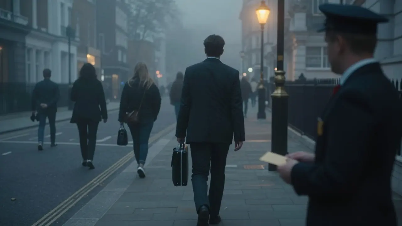 A man walks alone at night in London as a professional escort waits under a streetlamp, symbolizing an arranged meeting.