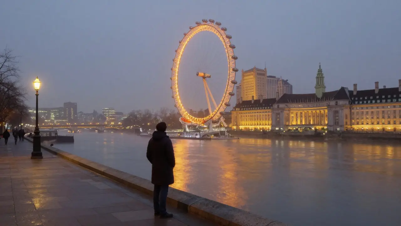 A peaceful nighttime view of the Thames with the London Eye and Parliament lit up in the distance.