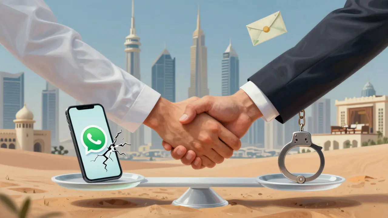 A symbolic scale balancing a handshake against handcuffs, set against Abu Dhabi’s skyline with digital and cultural elements.