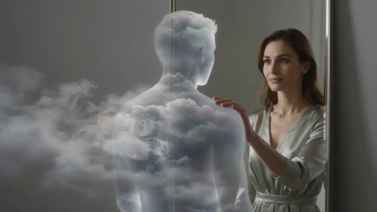 A transparent human figure reflects a calm woman in a mirror, representing emotional presence without judgment.