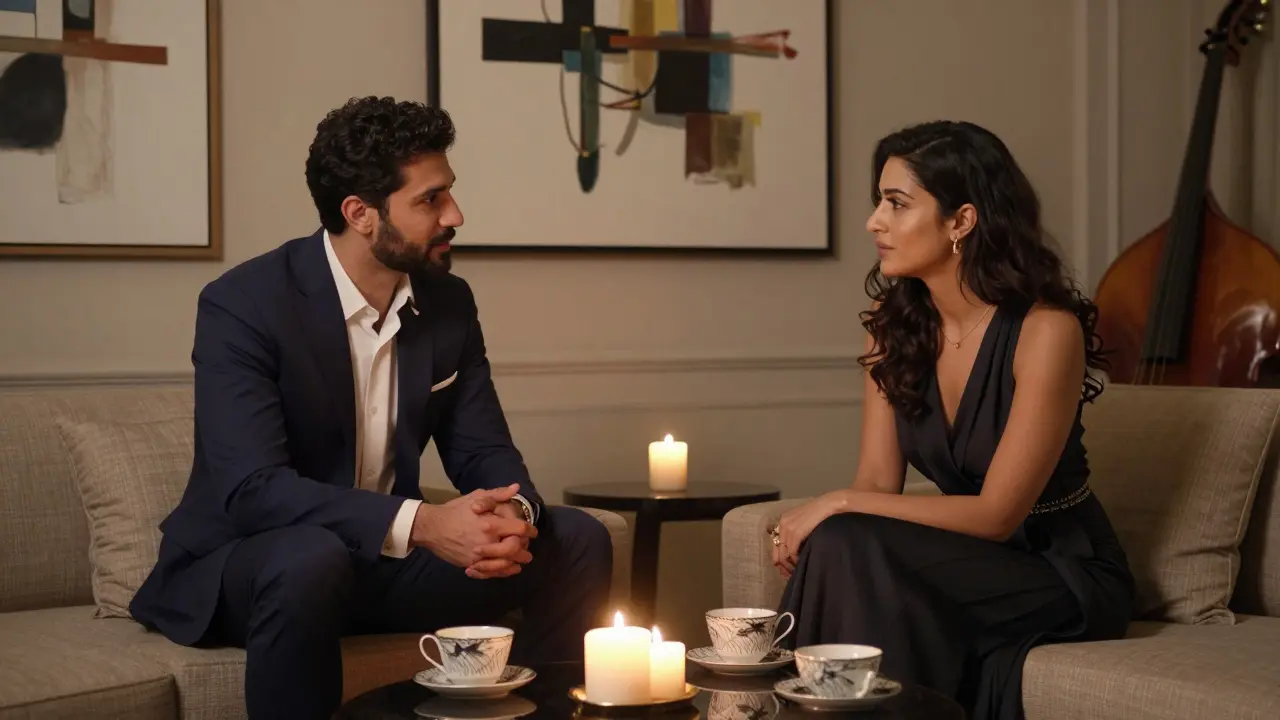 A well-dressed couple shares quiet conversation over candlelight in an upscale lounge, emphasizing respect and intellectual connection.