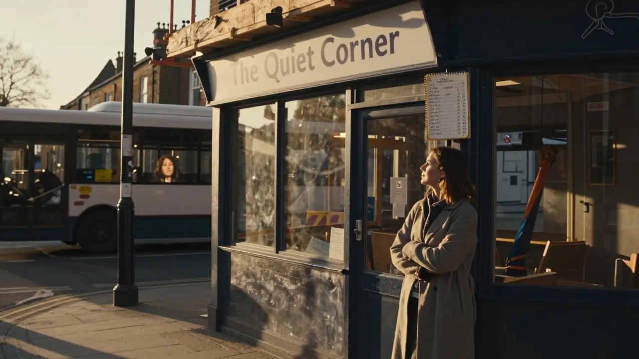 A woman watching a small café being built, holding a notebook, at dawn in Peckham.