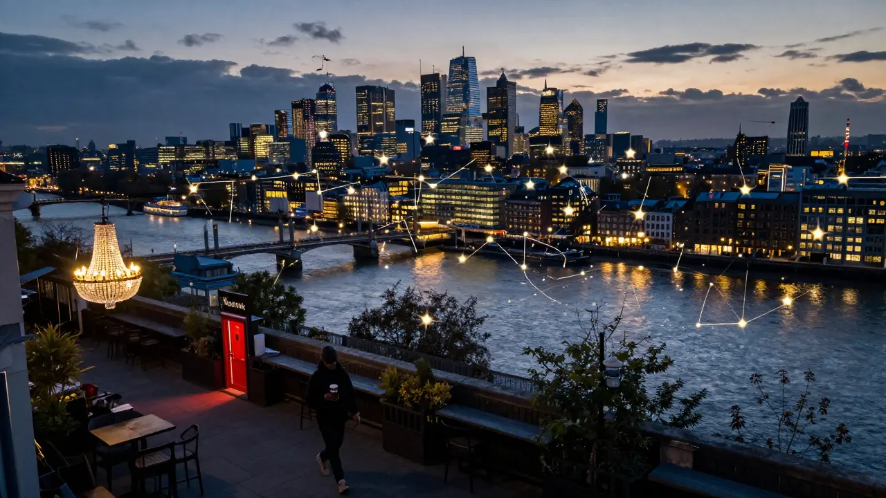 Aerial view of London’s nightlife hotspots glowing like constellations at dawn, with riverside and skyline views.