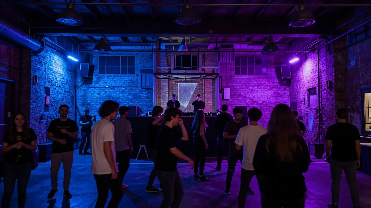 Crowd dancing in an industrial warehouse club in Milan with vibrant neon lights and bass vibrations.