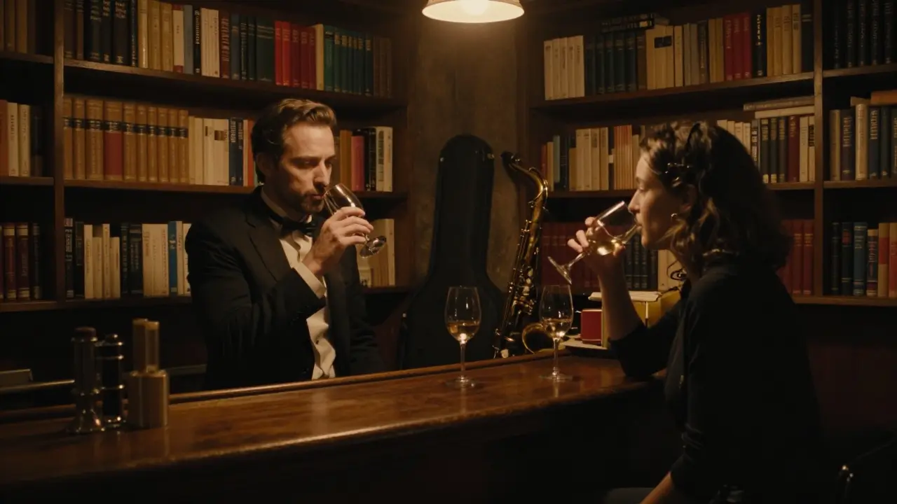 Intimate jazz bar scene in Le Marais with two people sharing wine and literature.