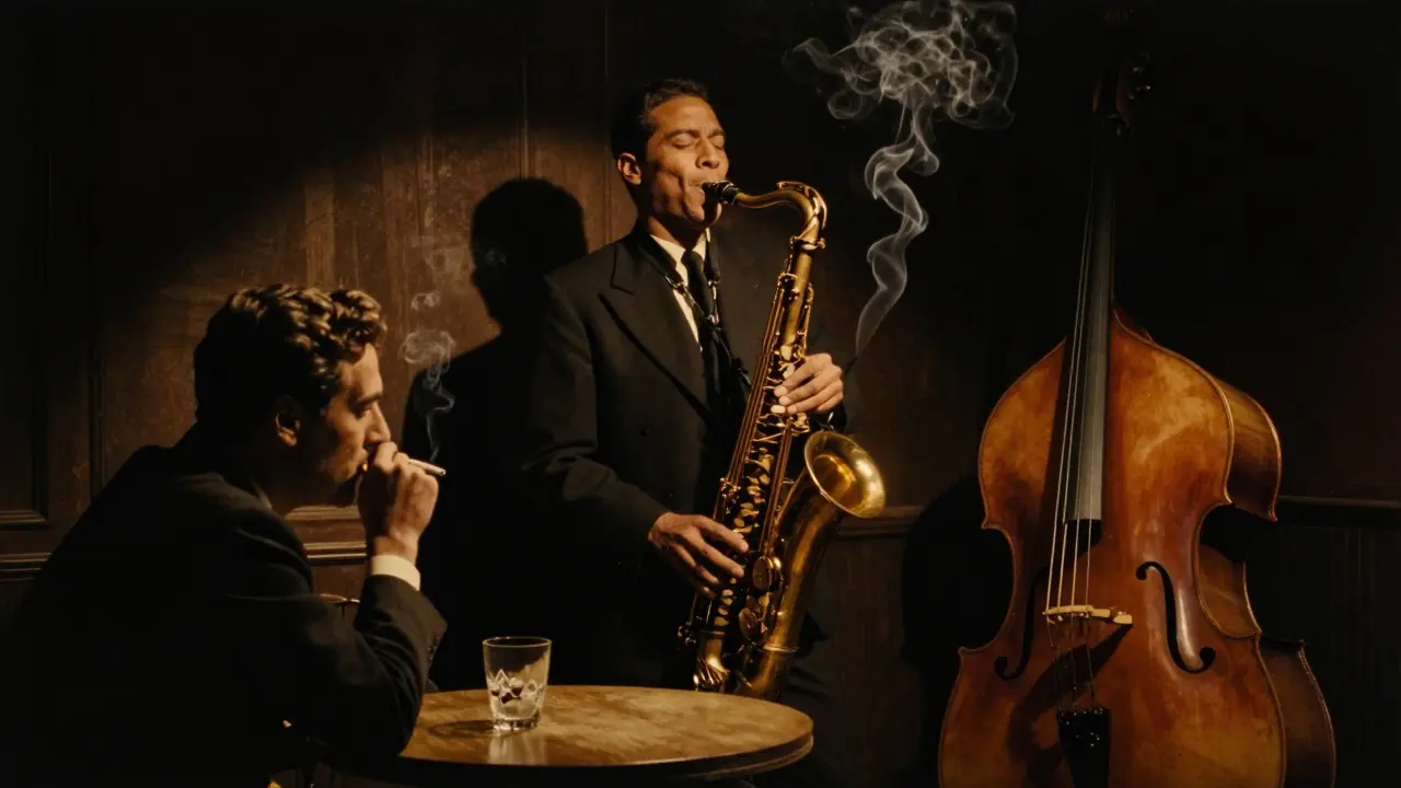 Intimate jazz club scene with a saxophonist playing in dim amber light, smoke curling nearby.