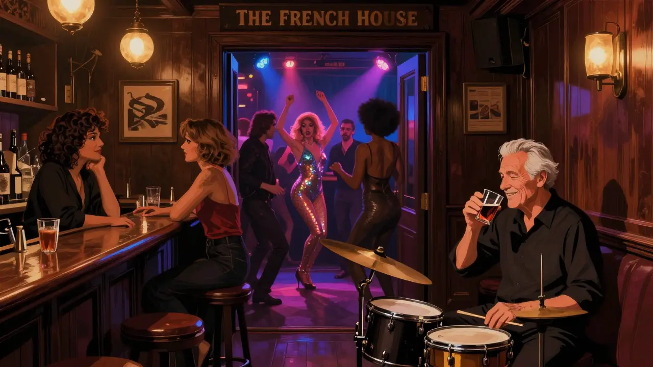 Patrons in a dim Soho pub and a hidden dance club with drag performers under colorful strobe lights.