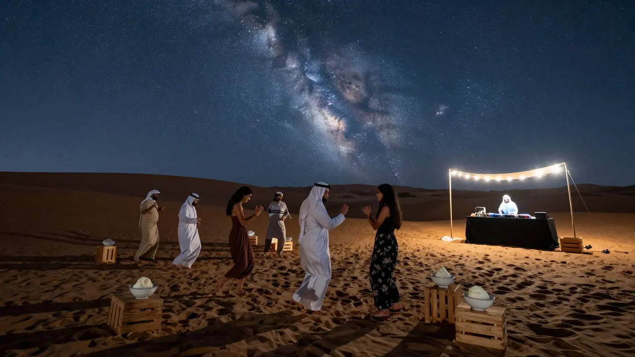 People dancing on sand dunes under a starry desert sky with soft string lights overhead.
