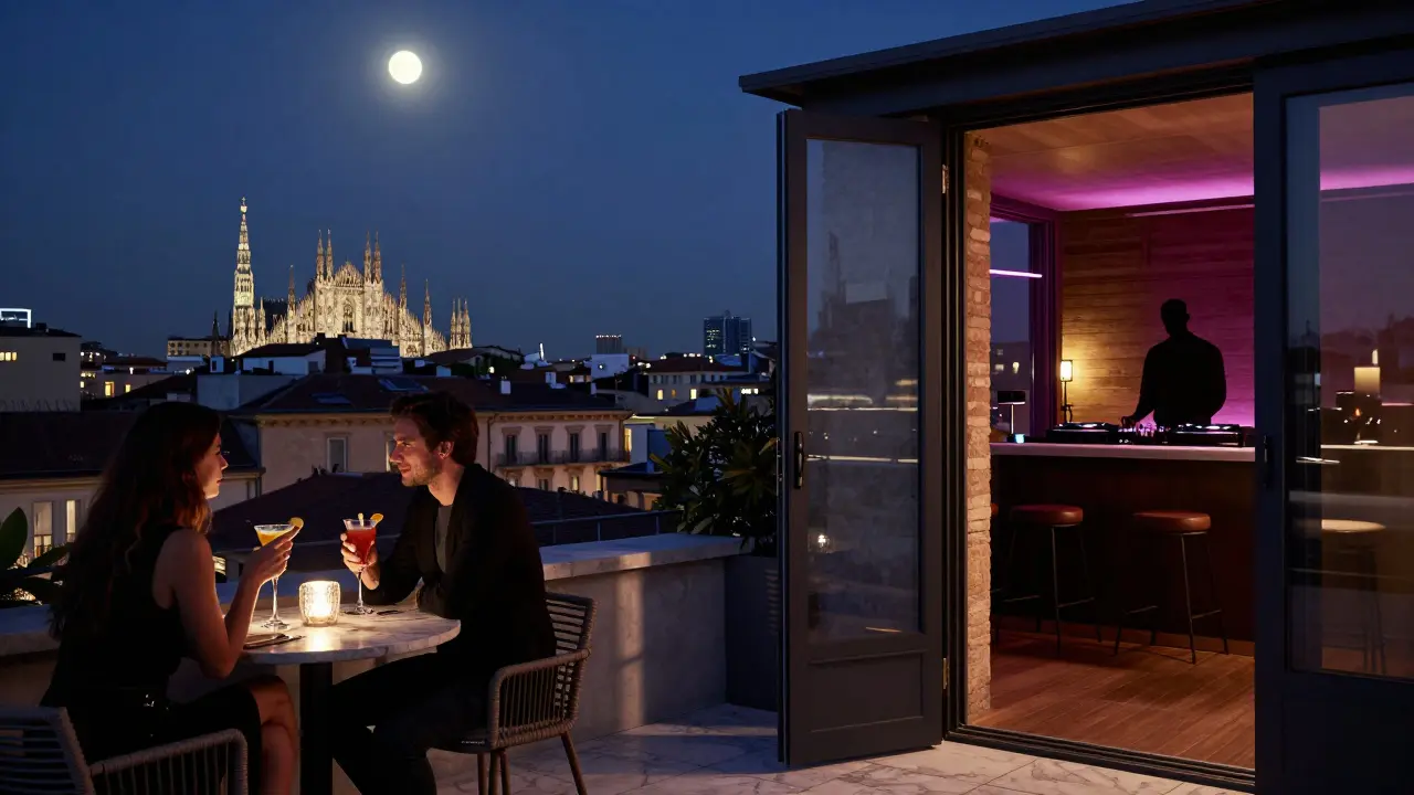 Rooftop bar in Milan with city skyline view, guests sipping cocktails as a hidden club door opens behind them.