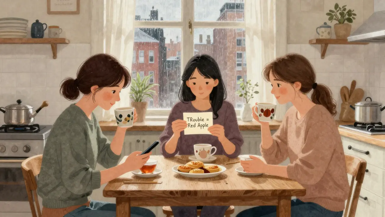 Three women sharing tea and safety tips in a cozy kitchen, with rain on the window behind them.