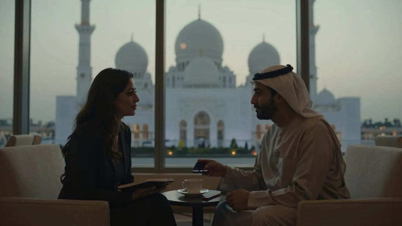 Two people converse calmly in a luxurious lounge, the mosque visible through windows, no devices, serene and respectful atmosphere.