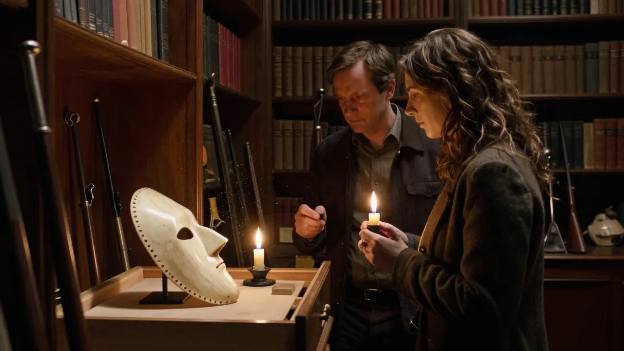 Two people examine an ancient ivory hunting mask in a dimly lit museum chamber, surrounded by antique artifacts.